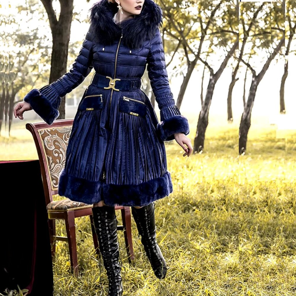 Royalcat Down Belted Fur-Trim Hooded Puffer Coat